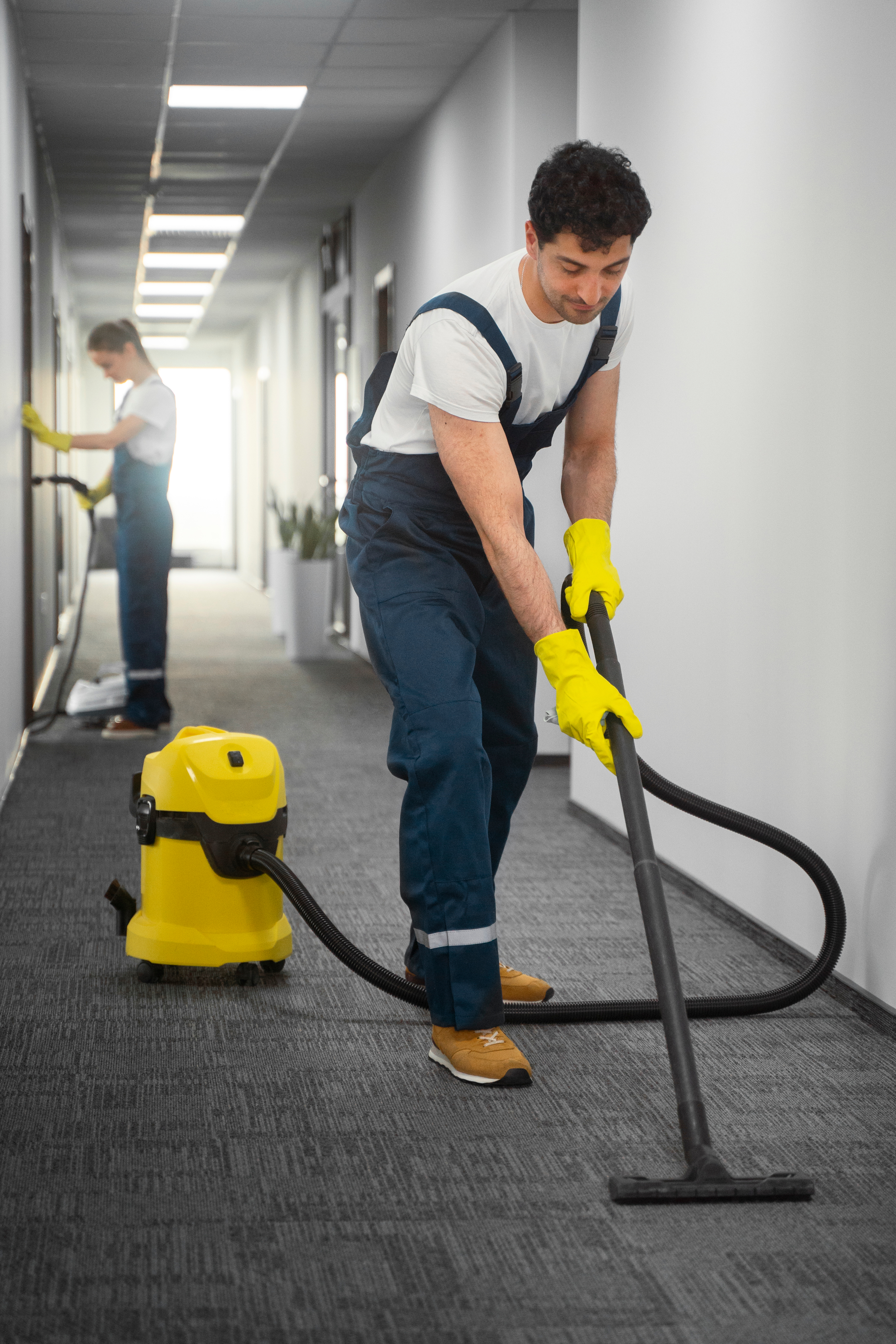 Vacuuming a carpeted hallway